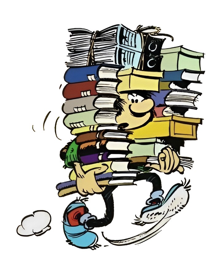 A cartoon character carrying a tall stack of books.